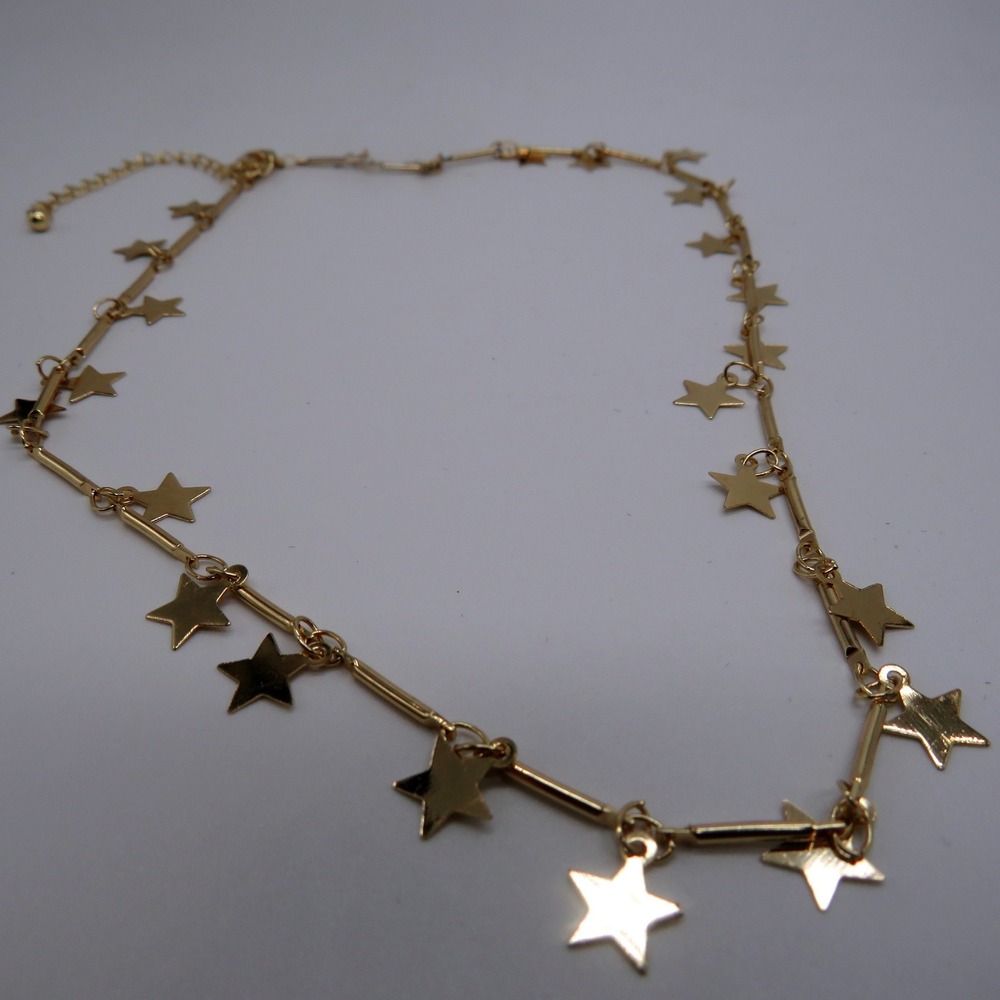 Gold Tone Star Charm Bar Chain Choker Necklace Celestial Adjustable 13.5 Inch‎